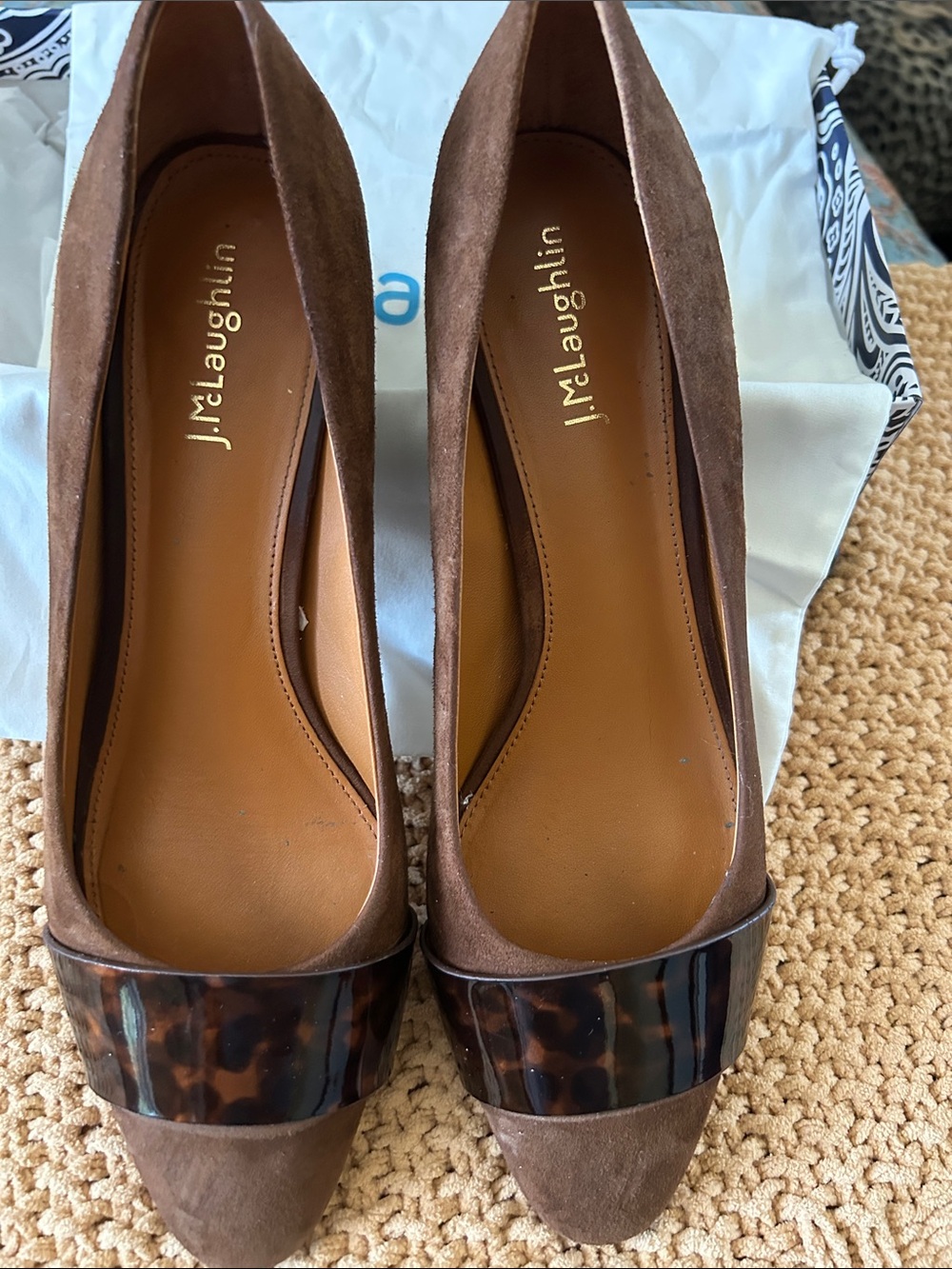 J. McLaughlin Brown Suede Pointed-Toe Pumps with Tortoiseshell Vamp Accent